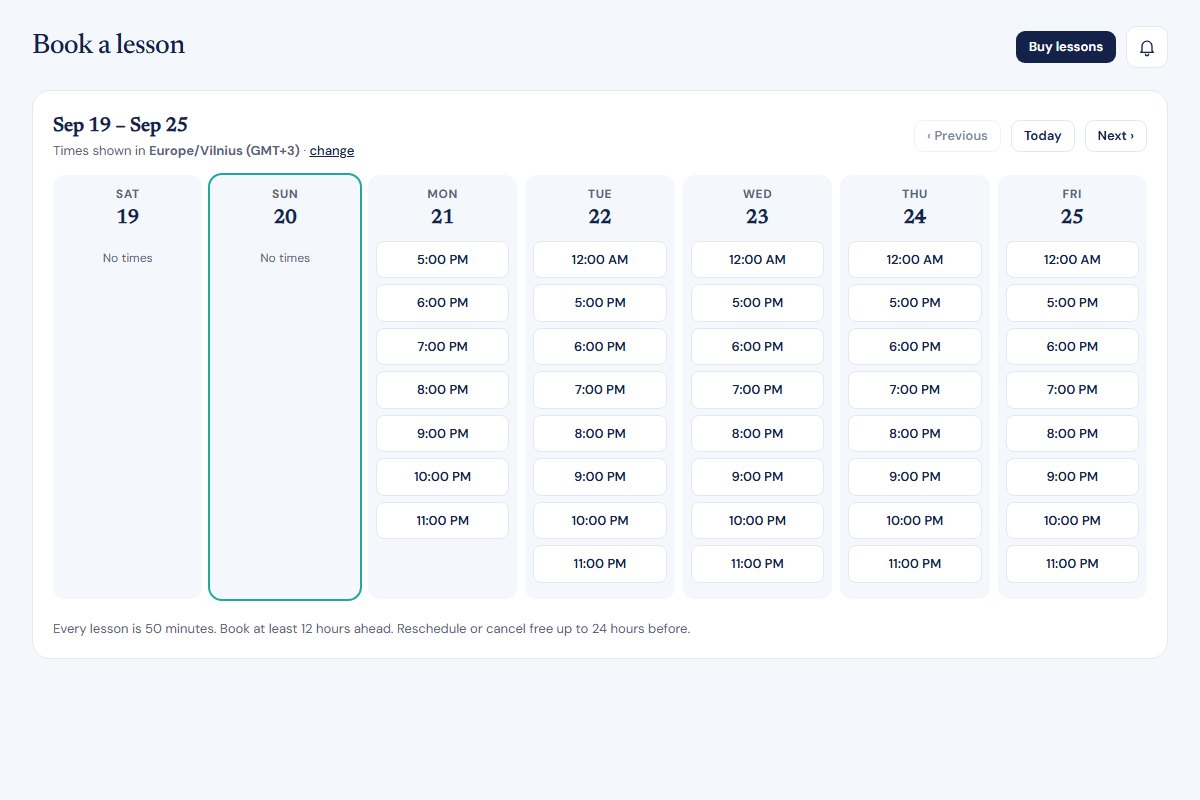 The live booking calendar shown in the student's timezone